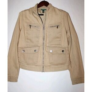 Lauren Ralph Lauren Women's Jean Utility Coat Biker Jacket Size 10 Tan Full Zip